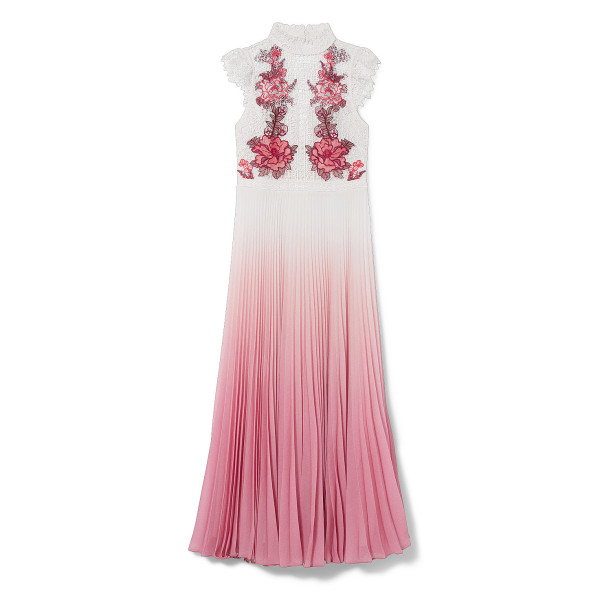 Karen Millen Rose Guipure Lace Woven Pleat Skirt Midi Dress