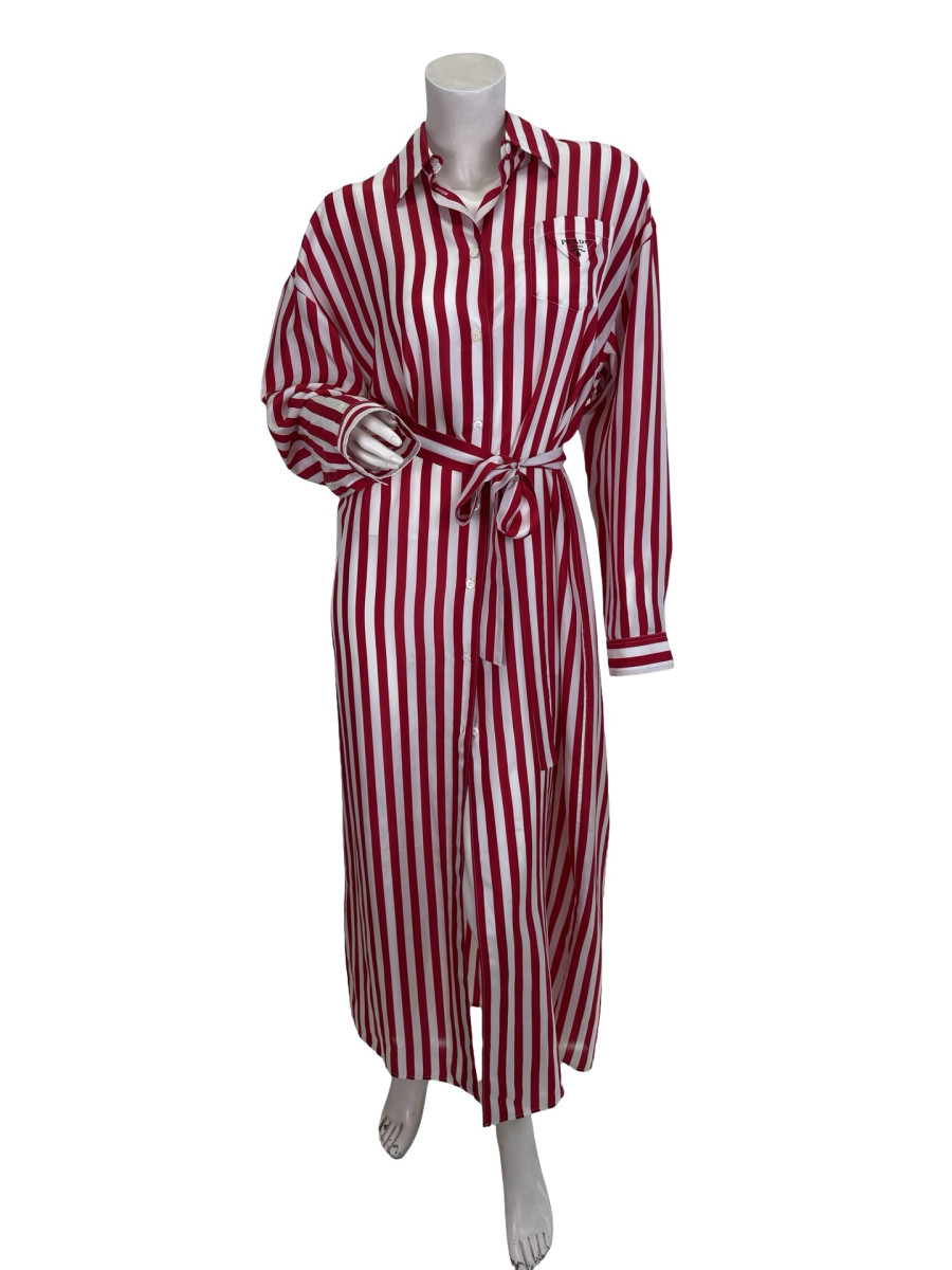 PRADA Prada Red and White Stripe Long-Sleeve Shirt Dress