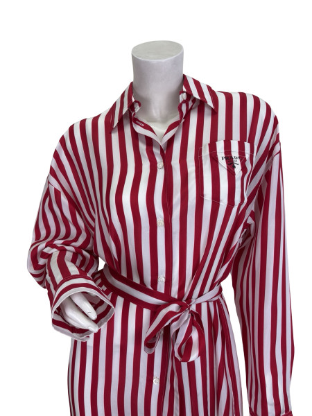 PRADA Prada Red and White Stripe Long-Sleeve Shirt Dress