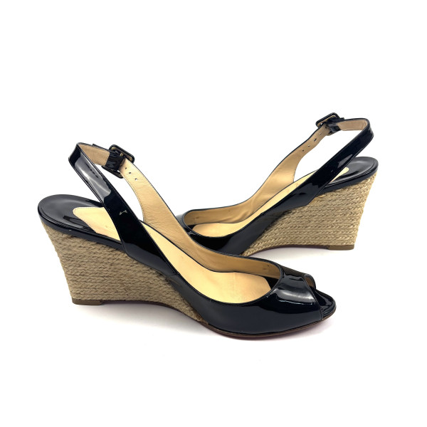 Christian Louboutin Black Patent Peep-Toe Wedge Espadrilles
