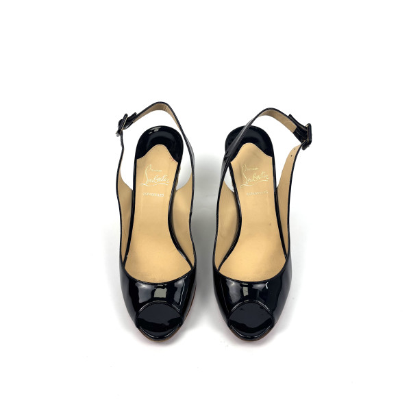 Christian Louboutin Black Patent Peep-Toe Wedge Espadrilles