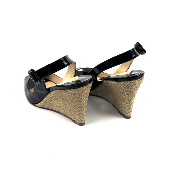 Christian Louboutin Black Patent Peep-Toe Wedge Espadrilles