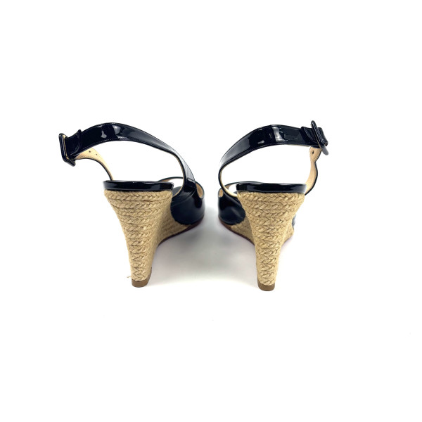 Christian Louboutin Black Patent Peep-Toe Wedge Espadrilles