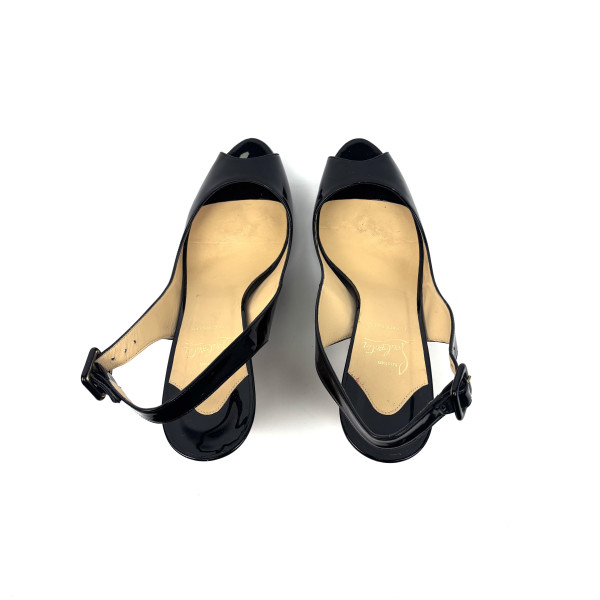 Christian Louboutin Black Patent Peep-Toe Wedge Espadrilles