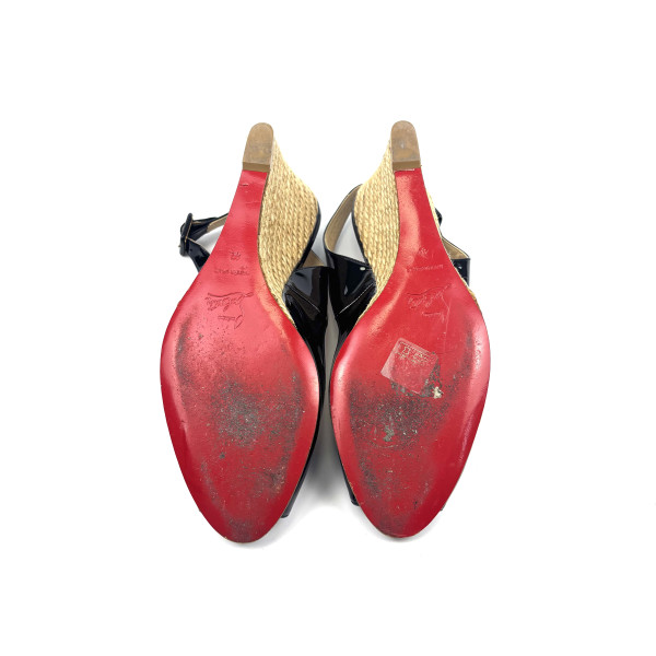 Christian Louboutin Black Patent Peep-Toe Wedge Espadrilles