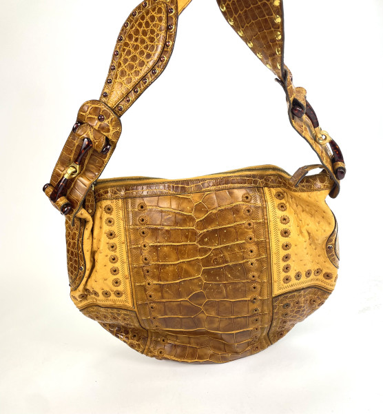 Gucci Alligator Ostrich Pelham Shoulder Bag in Brown