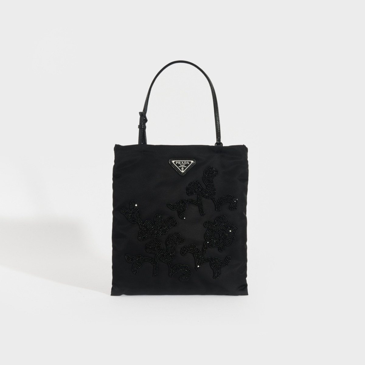 PRADA Floral-Beaded Nylon Bag in Black