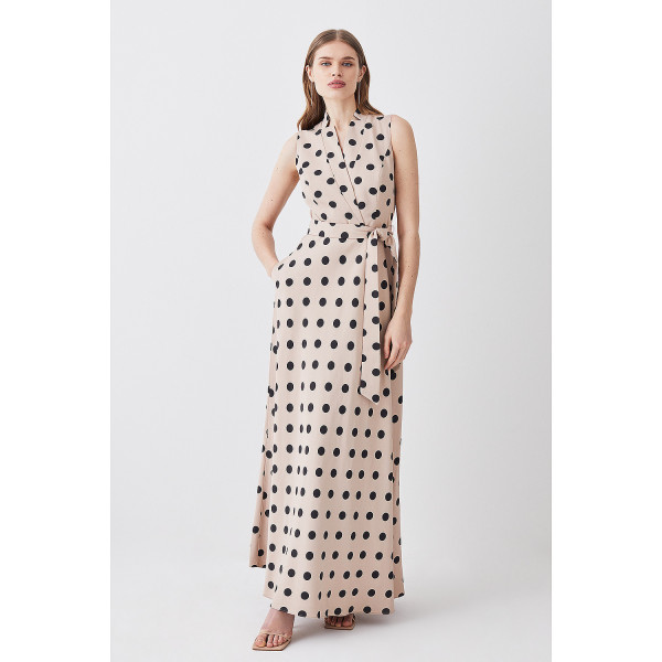Karen Millen Polka Dot Linen Wrap Tie Waisted Midi Dress