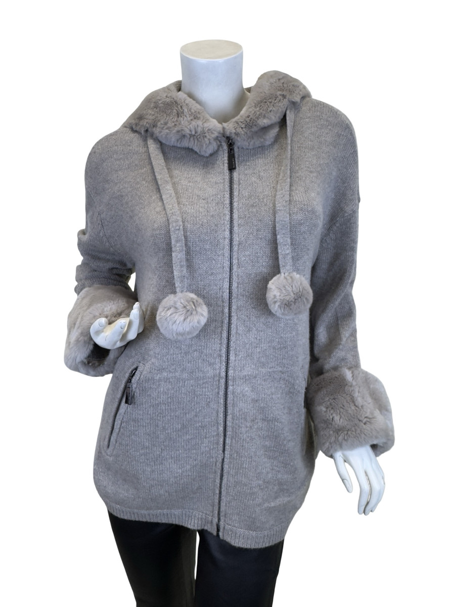 MAX & MOI Zip-Up Cashmere-Blend Cardigan with Faux Fur Trim