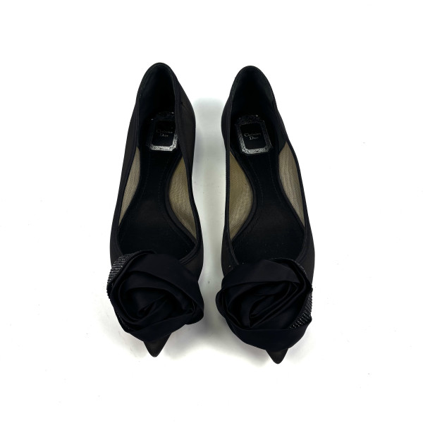 Dior Black Satin Rose Detail Flats