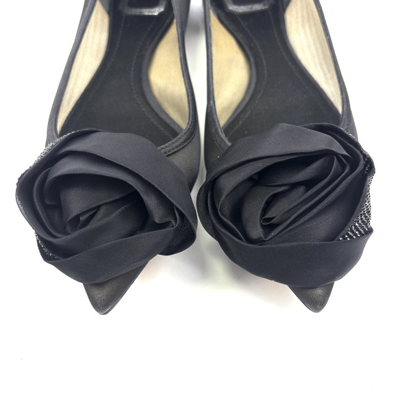 Dior Black Satin Rose Detail Flats