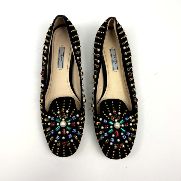 PRADA Prada Black Suede Studded Loafer Flats
