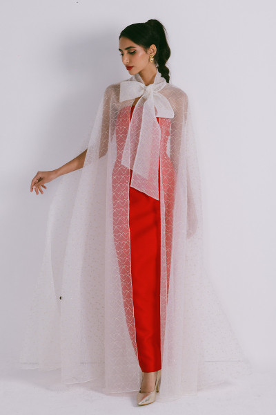 Azzalia Organza cape with neck bow with heart shaped metallic threads