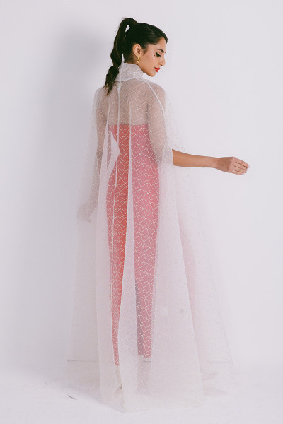 Azzalia Organza cape with neck bow with heart shaped metallic threads