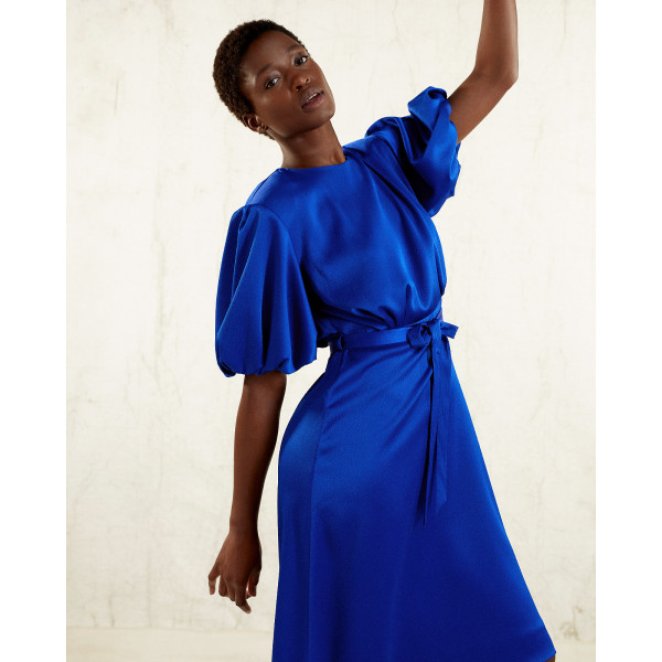 FEMPONIQ Draped Puff Sleeve Satin Dress