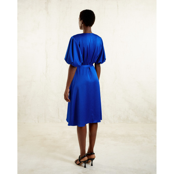 FEMPONIQ Draped Puff Sleeve Satin Dress