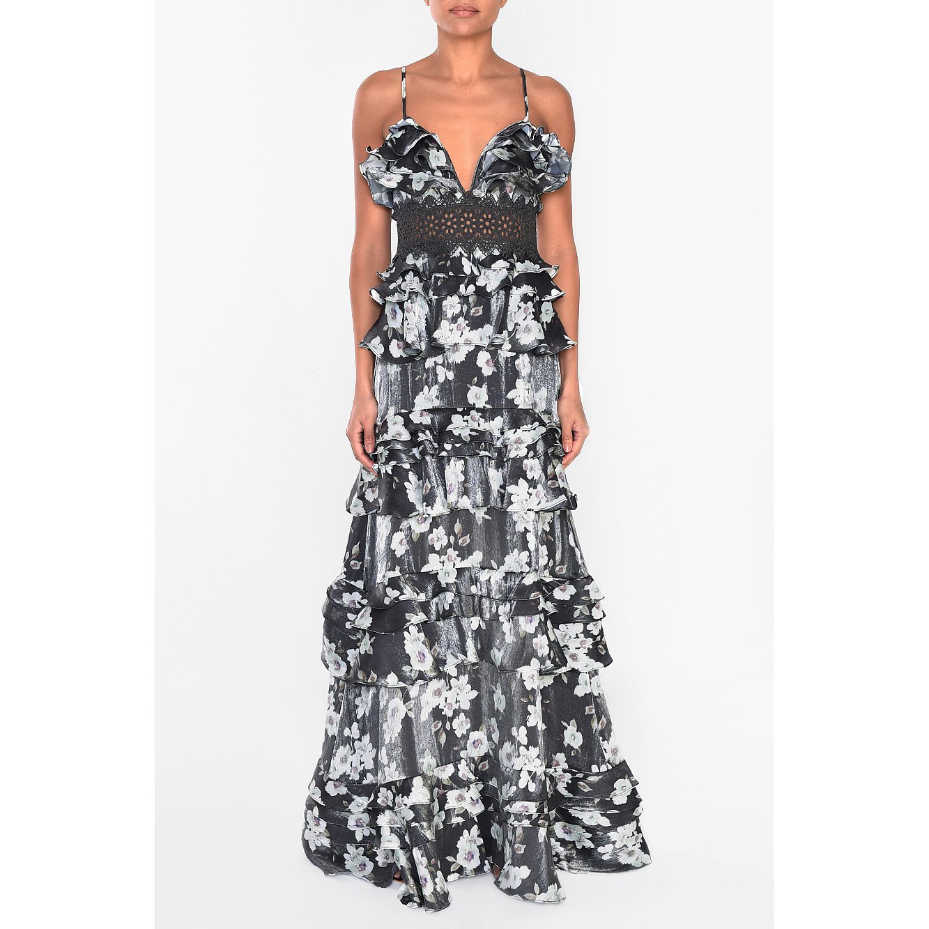 True Decadence Floral Metallic Plunge Front Tiered Ruffle Maxi Dress