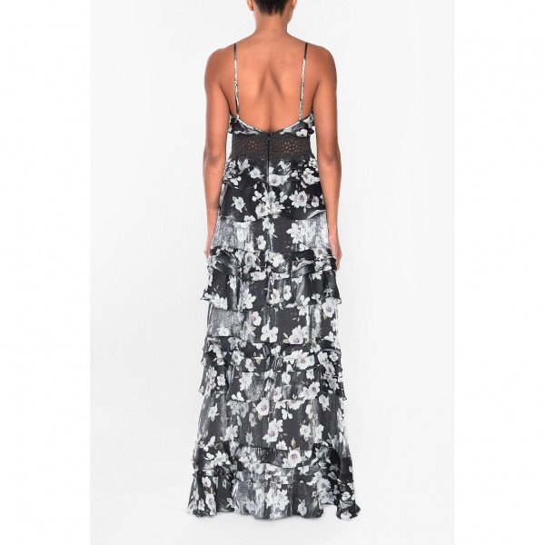 True Decadence Floral Metallic Plunge Front Tiered Ruffle Maxi Dress