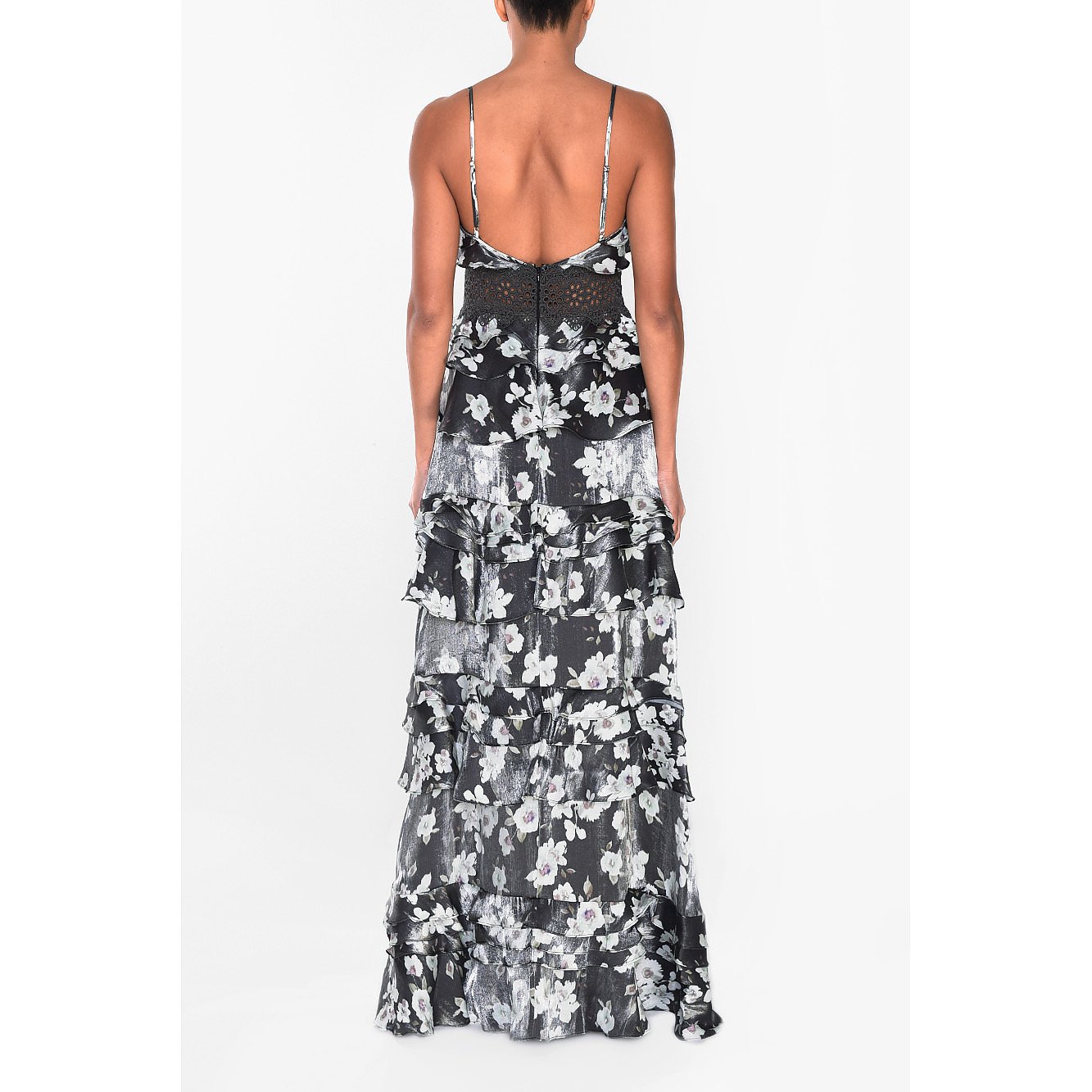 True Decadence Floral Metallic Plunge Front Tiered Ruffle Maxi Dress