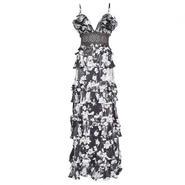 True Decadence Floral Metallic Plunge Front Tiered Ruffle Maxi Dress