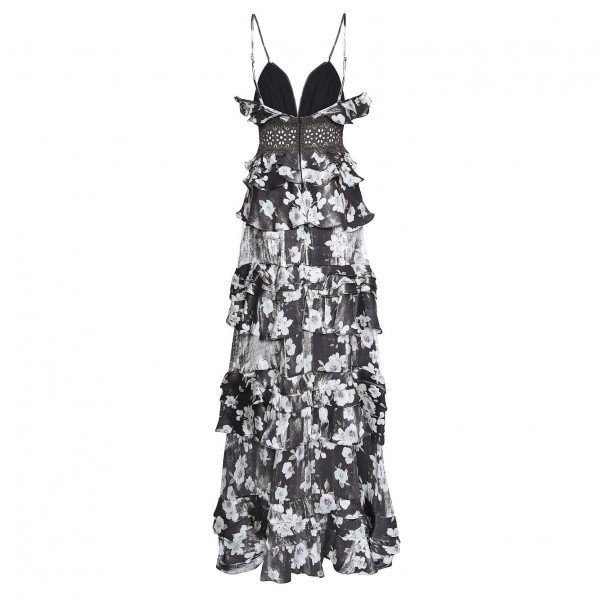 True Decadence Floral Metallic Plunge Front Tiered Ruffle Maxi Dress