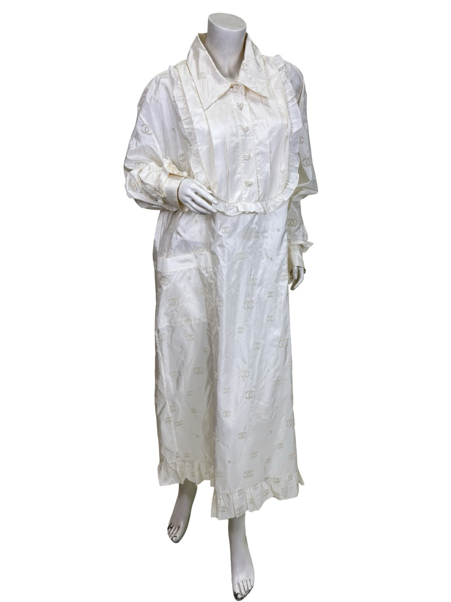 CHANEL Long-Sleeved White Ruffle Maxi Dress