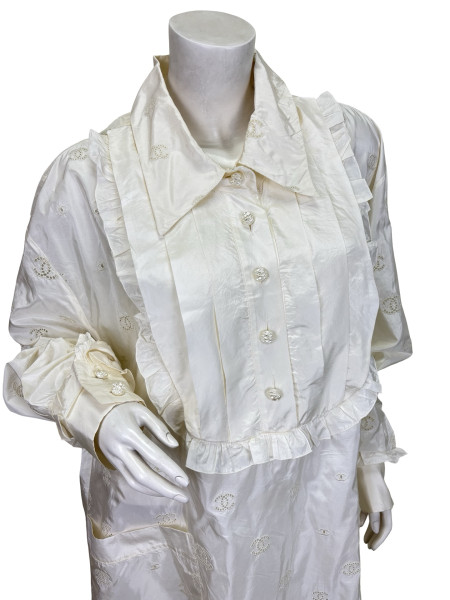 CHANEL Long-Sleeved White Ruffle Maxi Dress