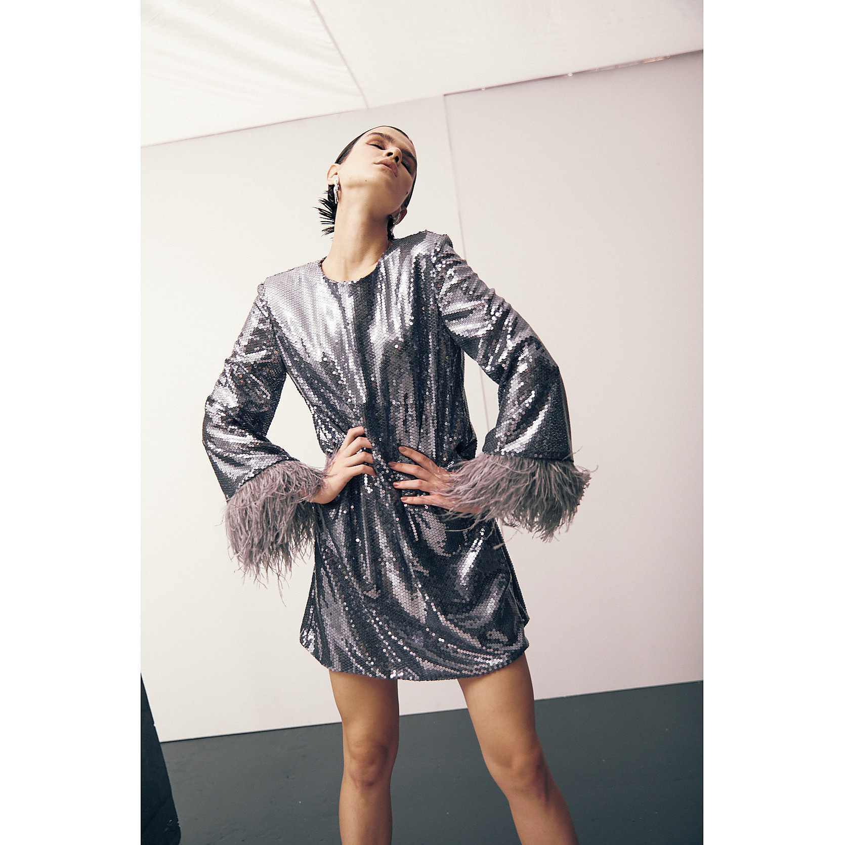 Joanna Andraos Sequin Short Feather Dress