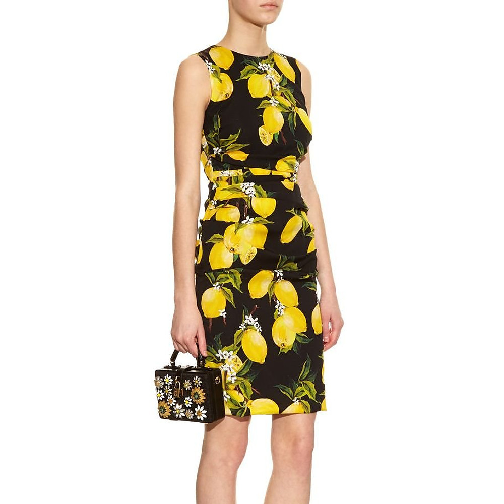 DOLCE & GABBANA Lemon-Print Ruched Silk Dress