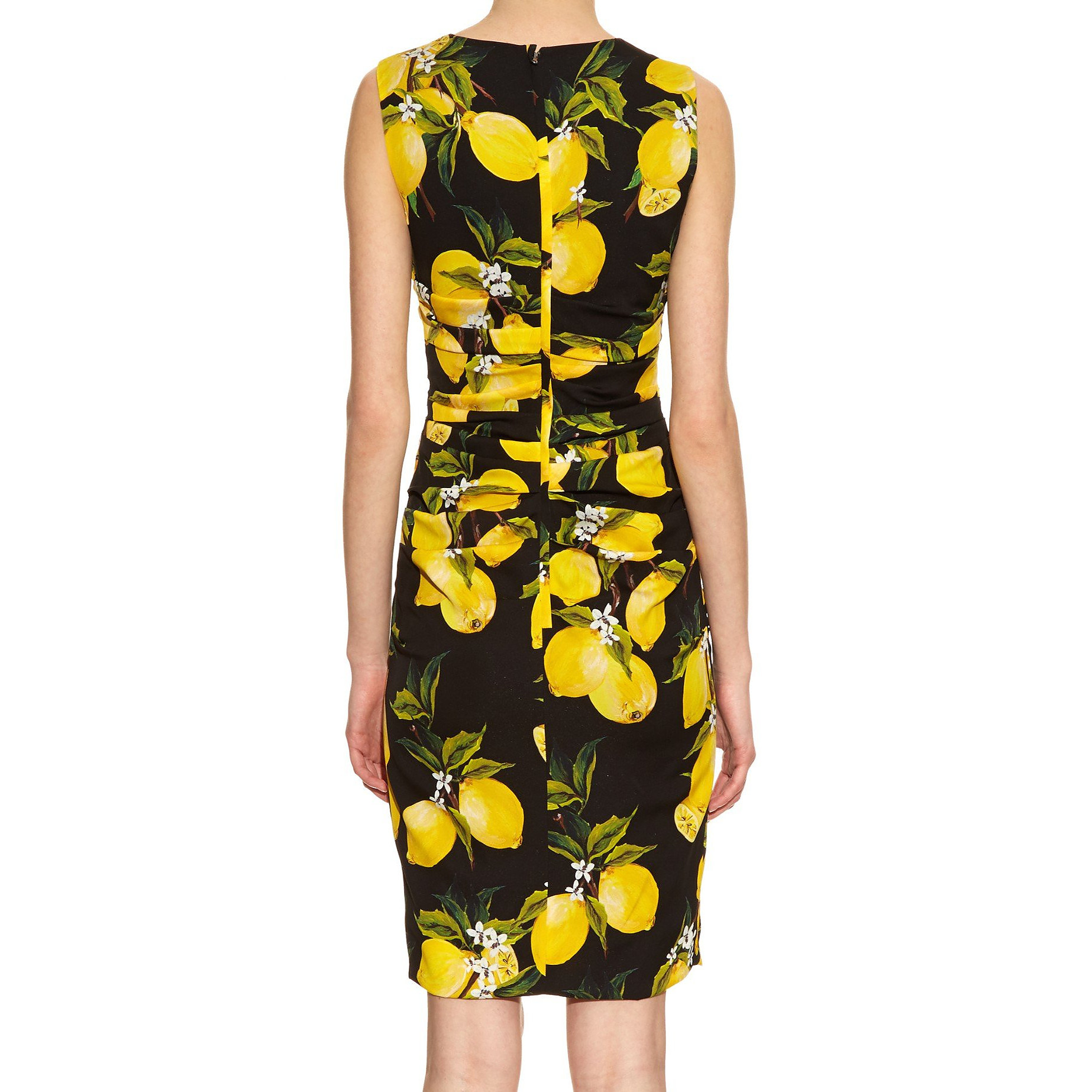 DOLCE & GABBANA Lemon-Print Ruched Silk Dress