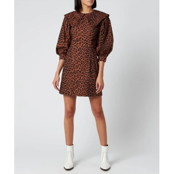 Ganni Leopard Print Poplin Bib Dress