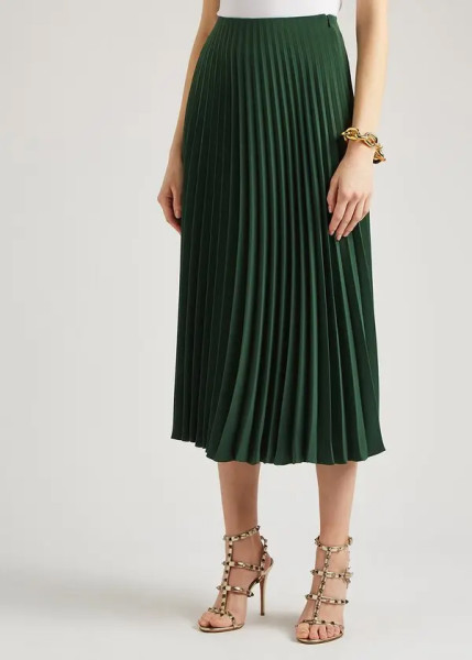 Valentino Forest Green Cady Midi Skirt Pleated