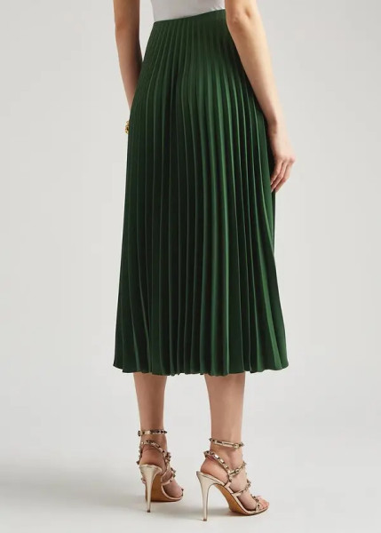 Valentino Forest Green Cady Midi Skirt Pleated