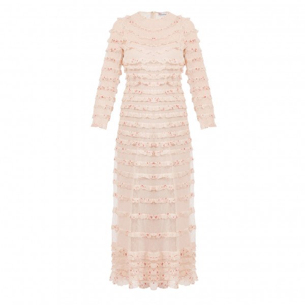 REDValentino Mesh Floral Frill-Trimmed Maxi Dress