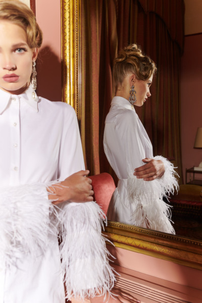 Maison Souraya White Dress Shirt With Feather Sleeves