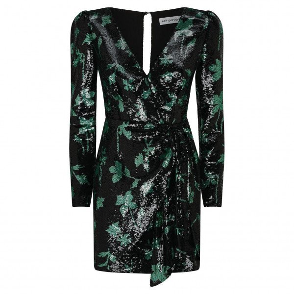 Self-Portrait Sequin Leaf Print Mini Dress
