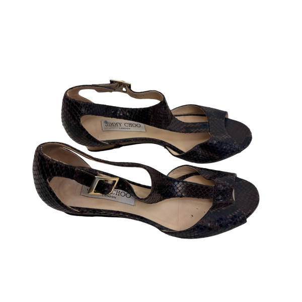Jimmy Choo Embossed Snake Leather Peep Toe Wedge Sandals