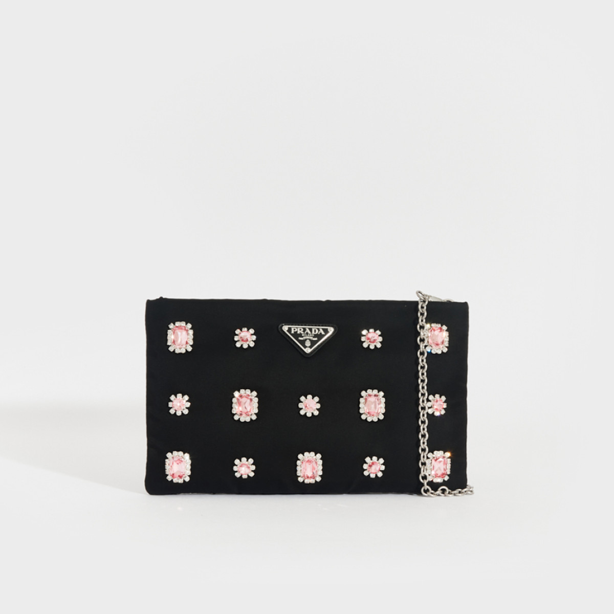 PRADA Catene Crystal Embellished Padded Nylon Clutch in Black