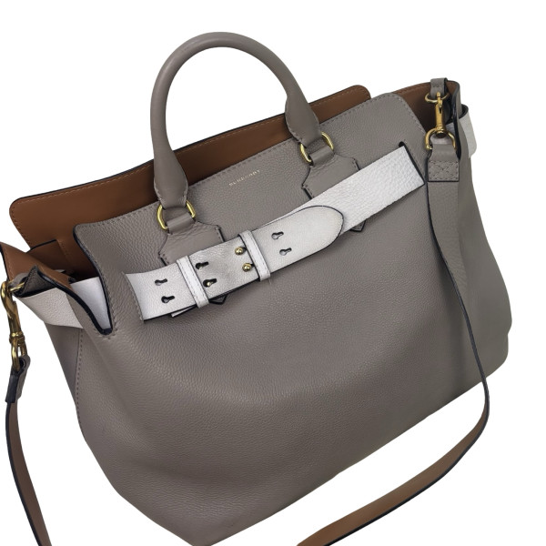 Burberry Grey/White Grained Leather Medium Belt Tote