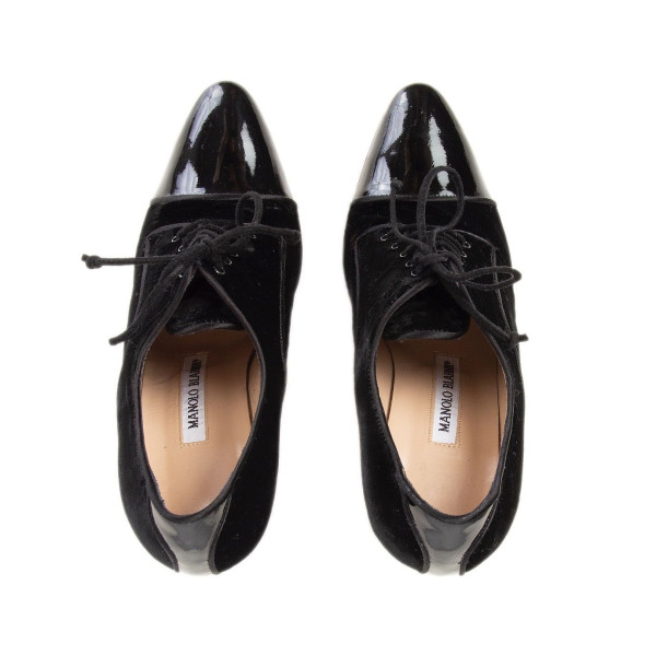 Manolo Blahnik Velvet Lace-Up Pumps With Patent Toe