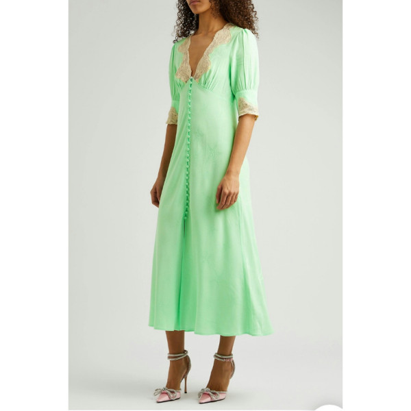 Rixo Simone Satin Lace Midi Dress