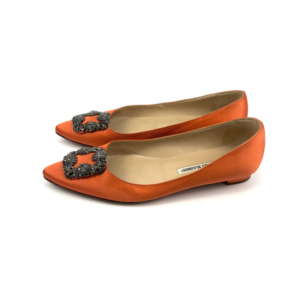 Manolo Blahnik Hangisi Satin Crystal Buckle Flats