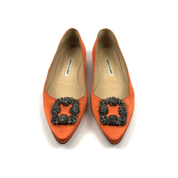 Manolo Blahnik Hangisi Satin Crystal Buckle Flats