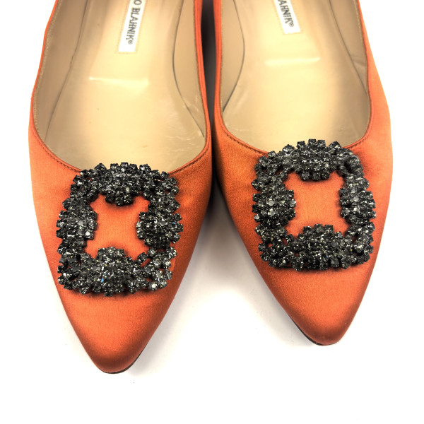 Manolo Blahnik Hangisi Satin Crystal Buckle Flats