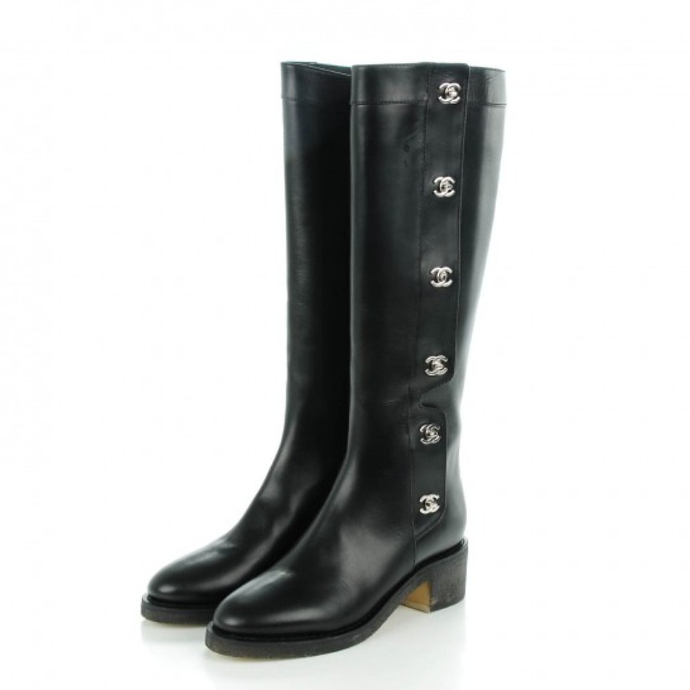 CHANEL 06 Black Leather Over The Knee Boots  eBay