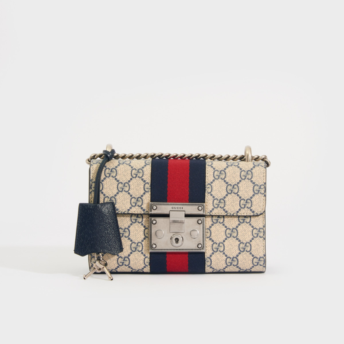 Gucci GG Padlock Small Shoulder Bag in Beige and Blue GG Supreme Canvas