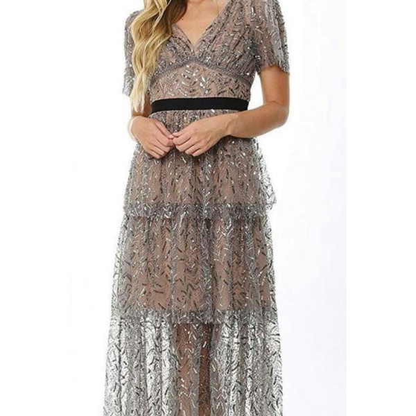 Self-Portrait Grey Leaf Sequin Midi Dress