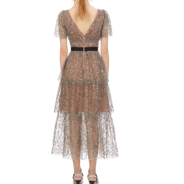 Self-Portrait Grey Leaf Sequin Midi Dress