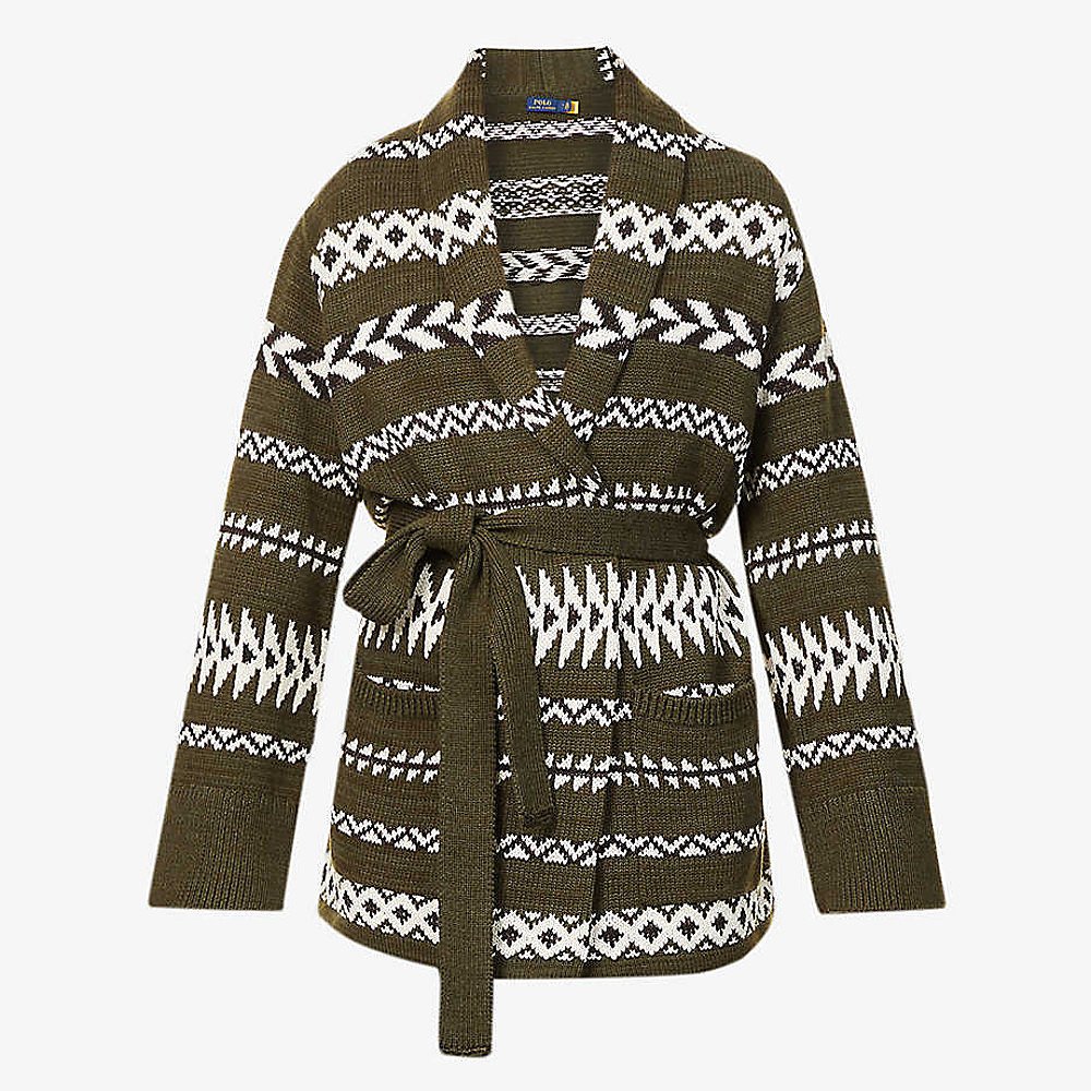 Rent Buy Ralph Lauren Belted Geometric-Knit Cardigan | MY WARDROBE HQ