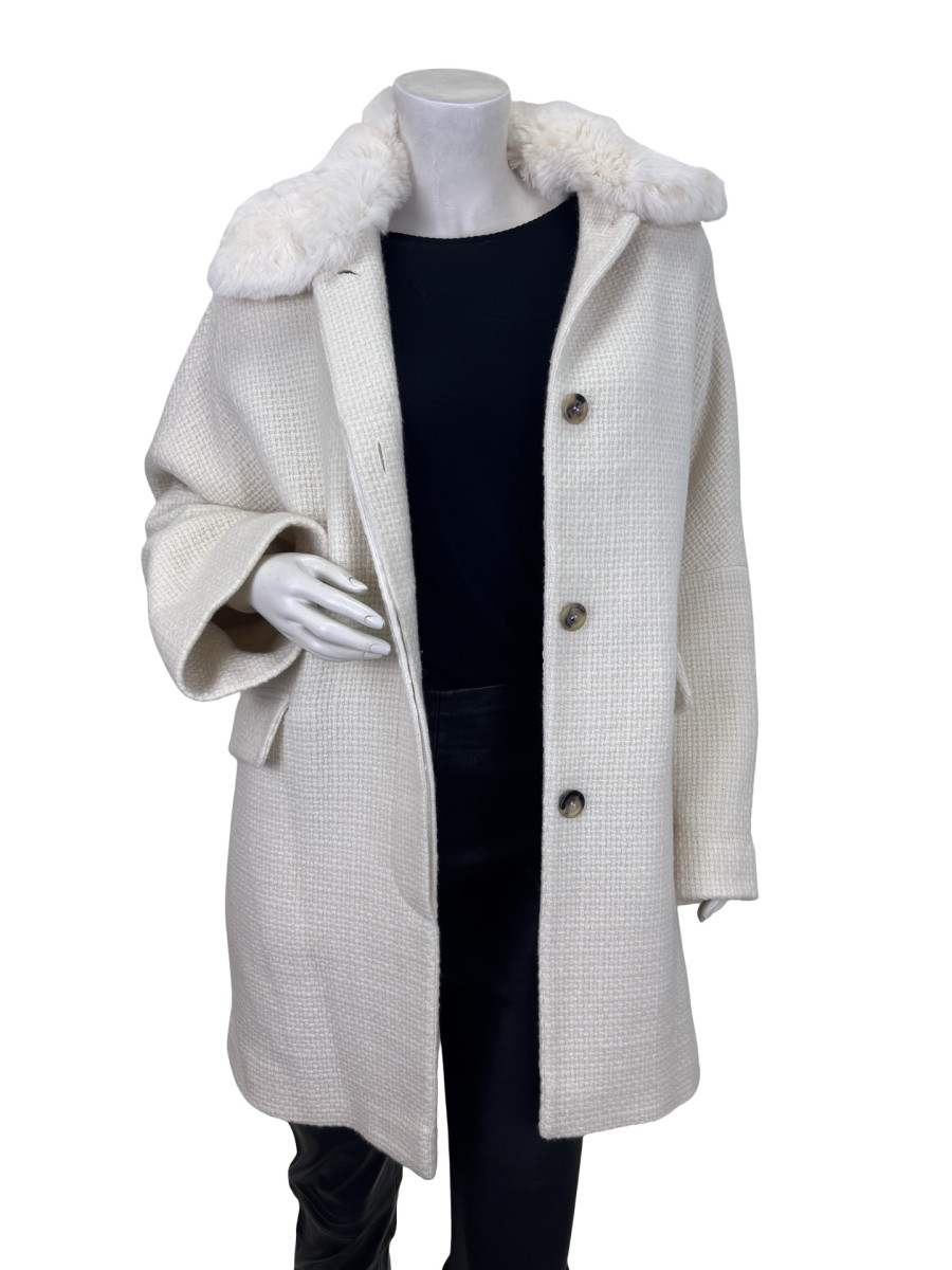 FRANK NAMANI Cream Wool Jacket with Chinchilla Fur Collar